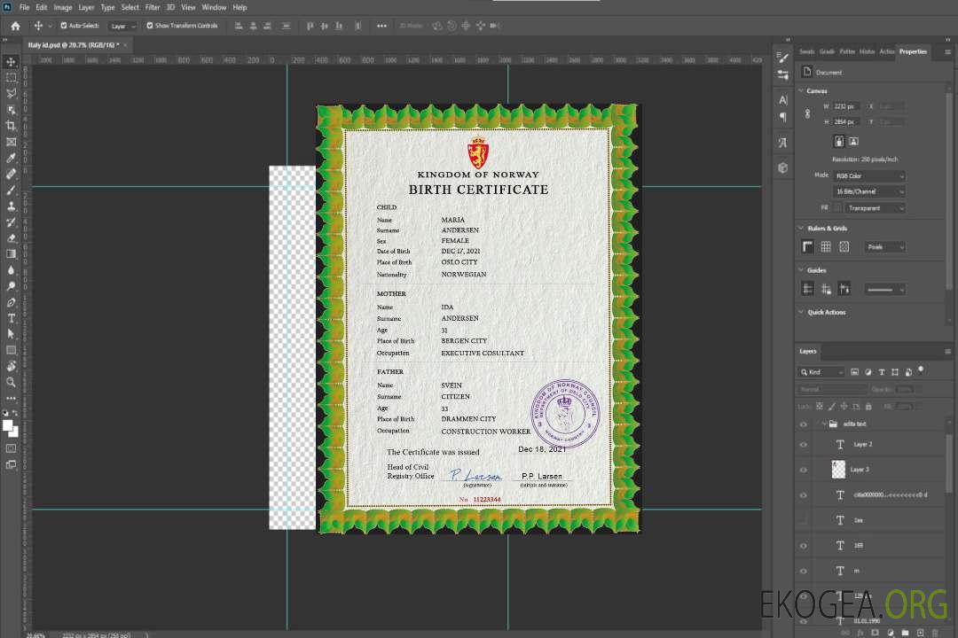 Modèle PSD de certificat de naissance en Norvège template